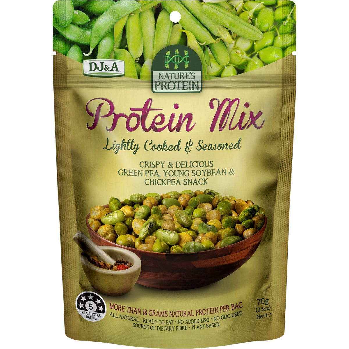 Twelve 70g bags of DJ&A Nature's Protein Mix, a plant-based snack with chickpeas, edamame, and green peas.