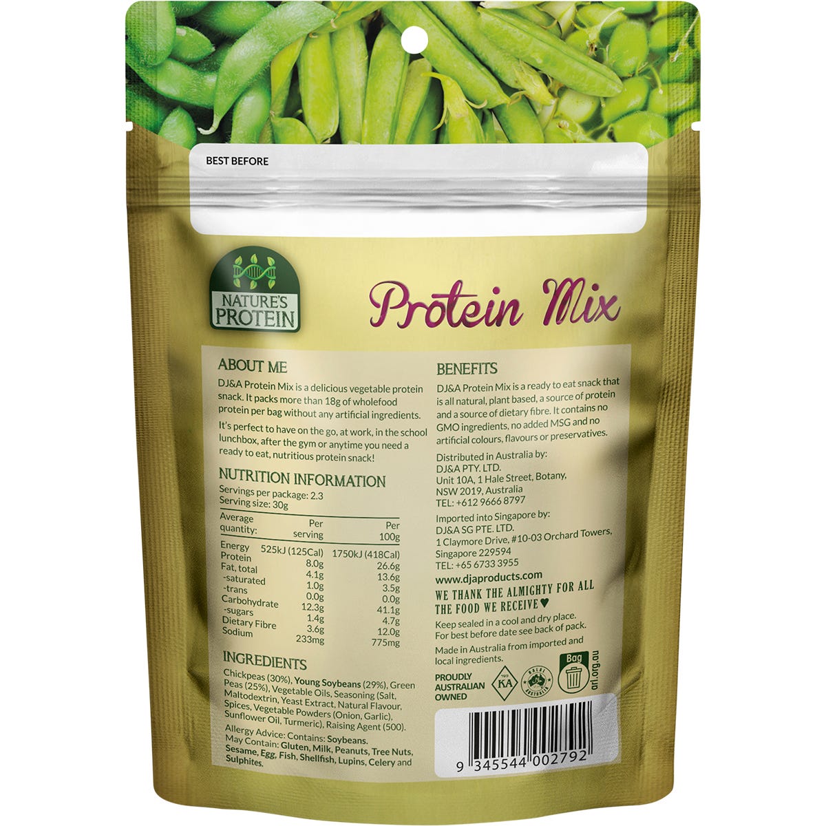 A 70g bag of DJ&A Nature's Protein Mix featuring a blend of roasted edamame, chickpeas, and green peas.