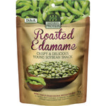 Twelve 50g packs of DJ&A Nature's Protein Roasted Edamame in a green display box.