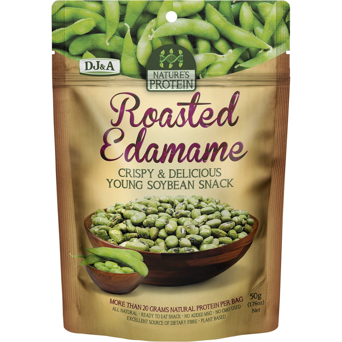 Twelve 50g packs of DJ&A Nature's Protein Roasted Edamame in a green display box.