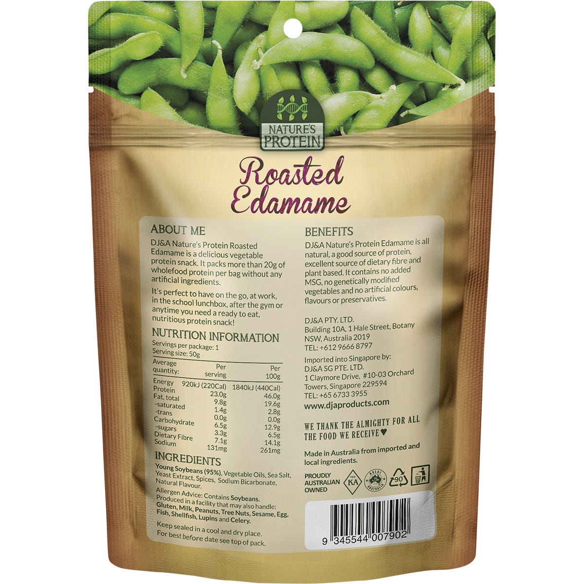 Single 50g pack of DJ&A Nature's Protein Roasted Edamame with a green design and natural imagery.