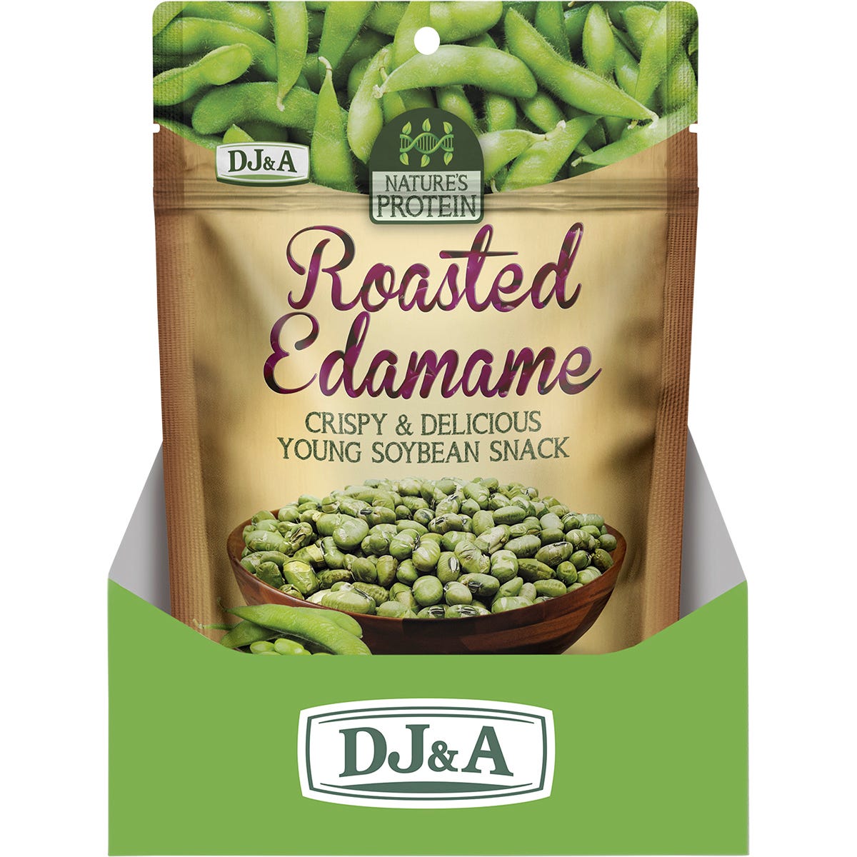 Back of DJ&A Roasted Edamame 50g pack showing nutrition facts, ingredients, and product benefits.