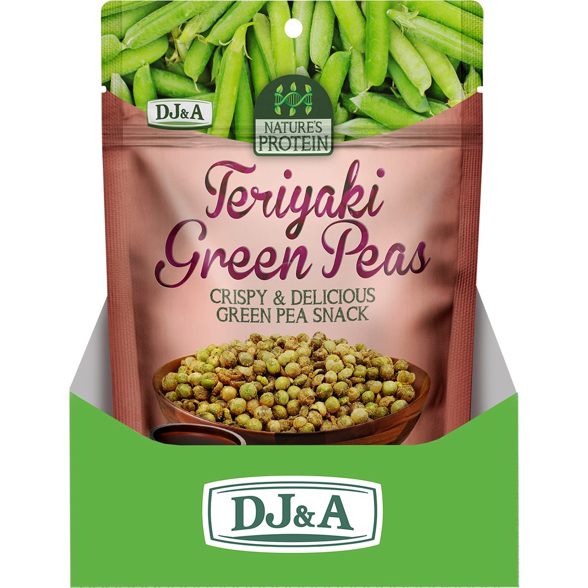 Back of DJ&A Teriyaki Green Peas 75g bag showing nutrition facts, ingredients, and product features.