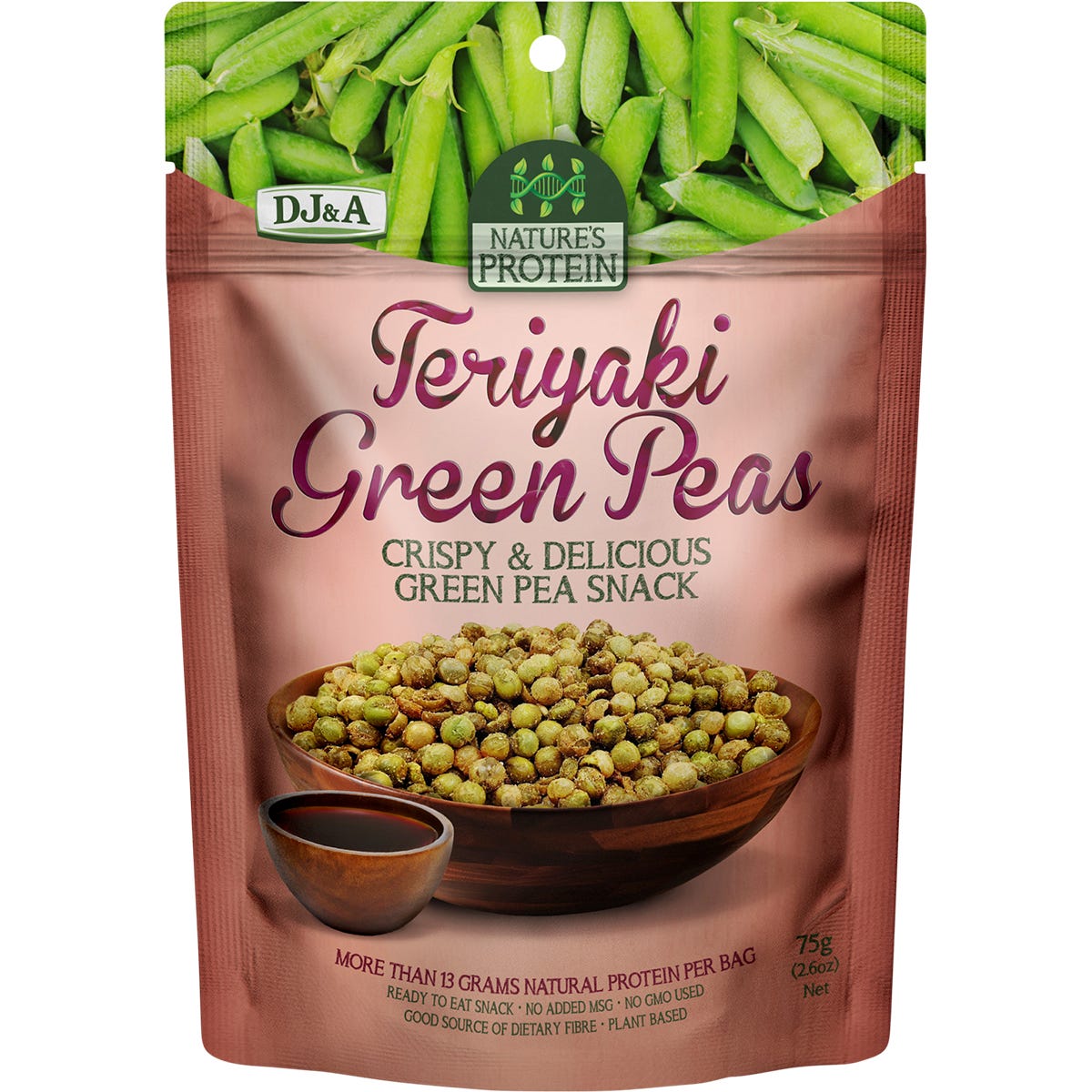 Twelve 75g bags of DJ&A Nature's Protein Teriyaki Green Peas arranged in a display box on a white background.