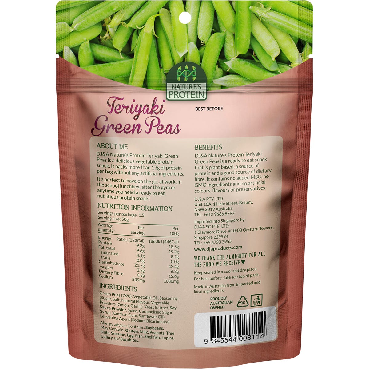 Single 75g bag of DJ&A Nature's Protein Teriyaki Green Peas against a plain white background.