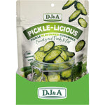 Back of a DJ&A Pickle-Licious Cucumber 50g bag showing nutrition facts, ingredients, and product features.