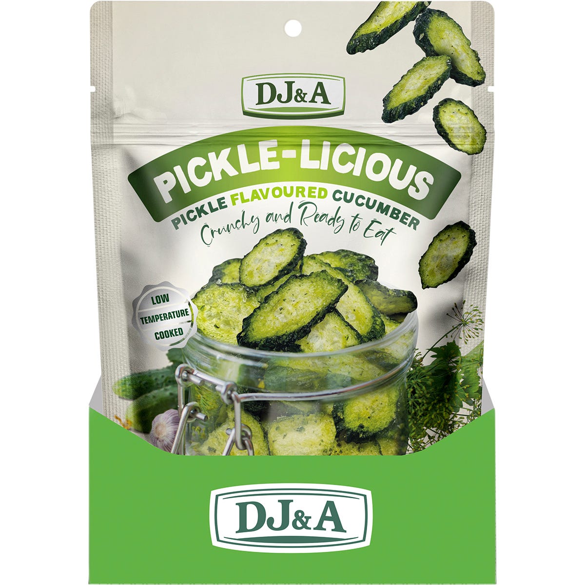 Back of a DJ&A Pickle-Licious Cucumber 50g bag showing nutrition facts, ingredients, and product features.