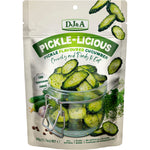 DJ&A Pickle-Licious 50g pack showing sliced pickle-flavored cucumbers on a green and white bag.