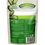 DJ&A Pickle-Licious 50g bag of pickle-flavored cucumbers featuring sliced cucumbers on a green and white background.