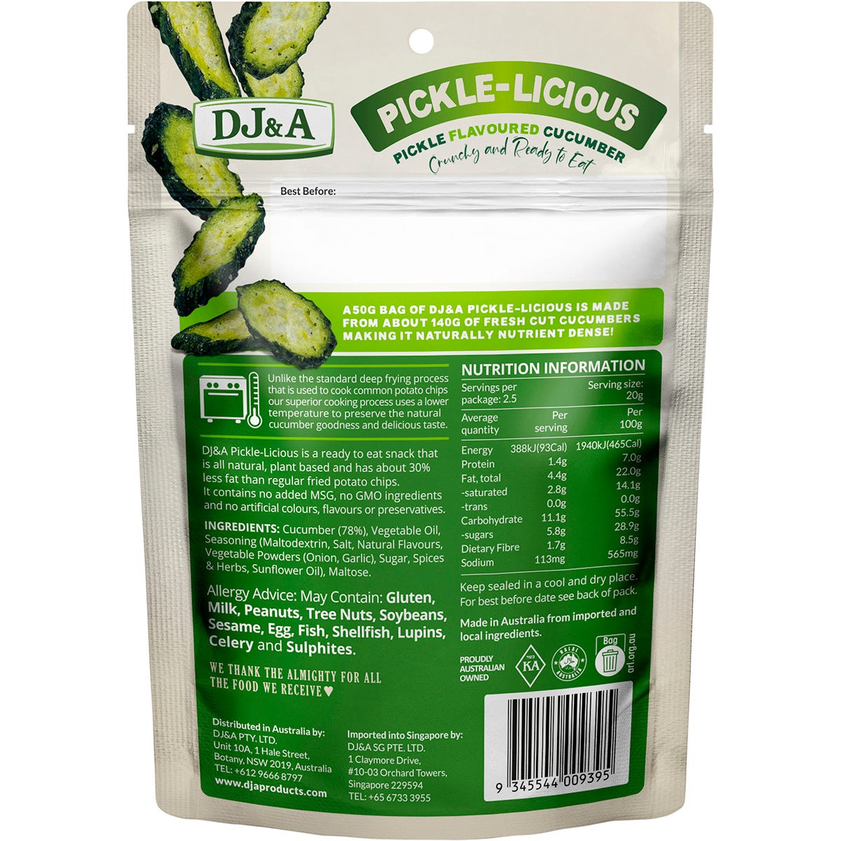 DJ&A Pickle-Licious 50g bag of pickle-flavored cucumbers featuring sliced cucumbers on a green and white background.