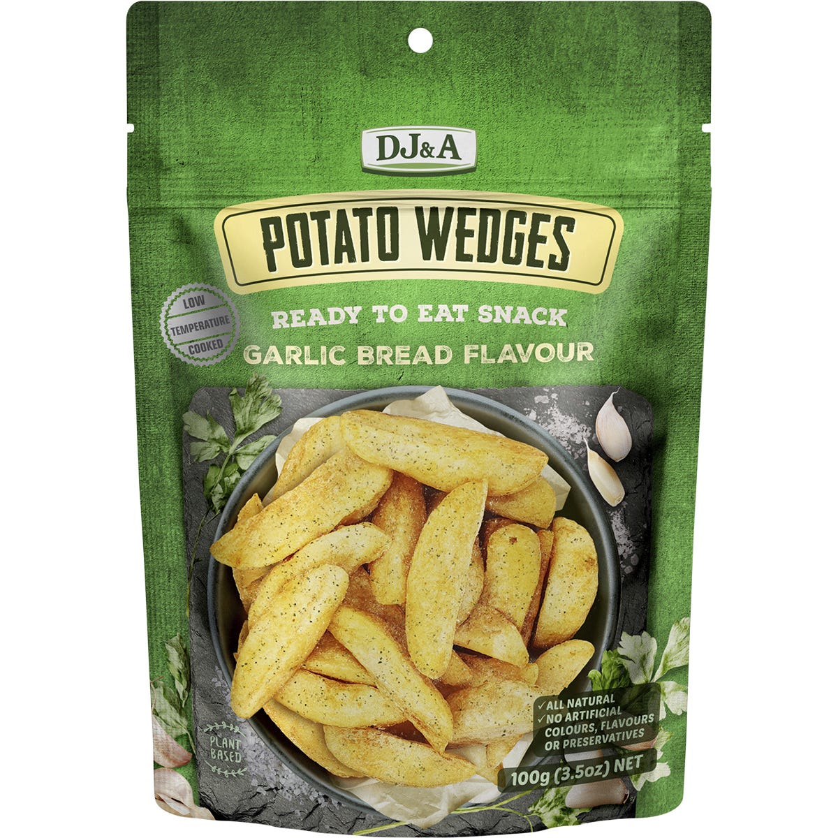 100g bag of DJ&A Potato Wedges Garlic Bread Flavour with images of crispy potato wedges and garlic.