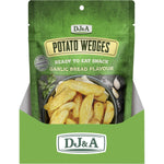 9-pack of DJ&A Garlic Bread Potato Wedges 100g bags featuring crispy potato wedges and garlic cloves.