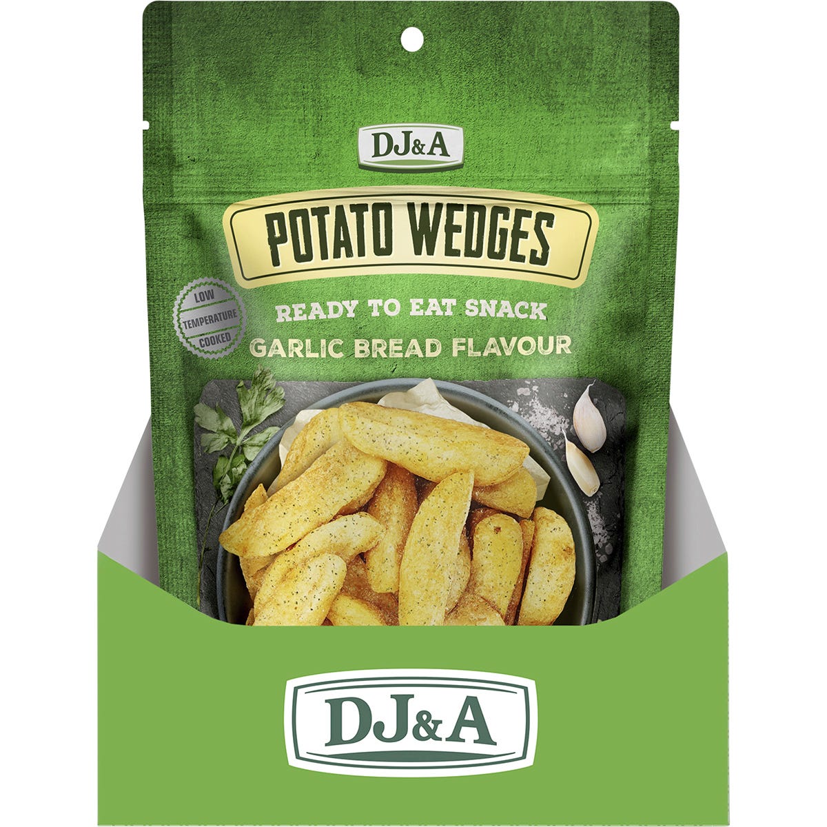 9-pack of DJ&A Garlic Bread Potato Wedges 100g bags featuring crispy potato wedges and garlic cloves.