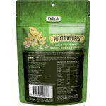 DJ&A Garlic Bread Potato Wedges 100g bag with images of crispy potato wedges and garlic cloves on a white background.