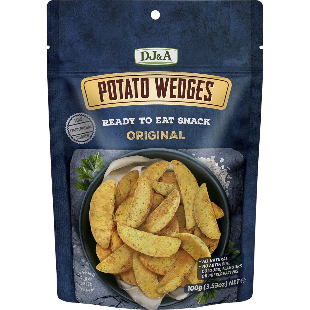 Nine 100g packs of DJ&A Original Potato Wedges in a branded cardboard box on a white background.