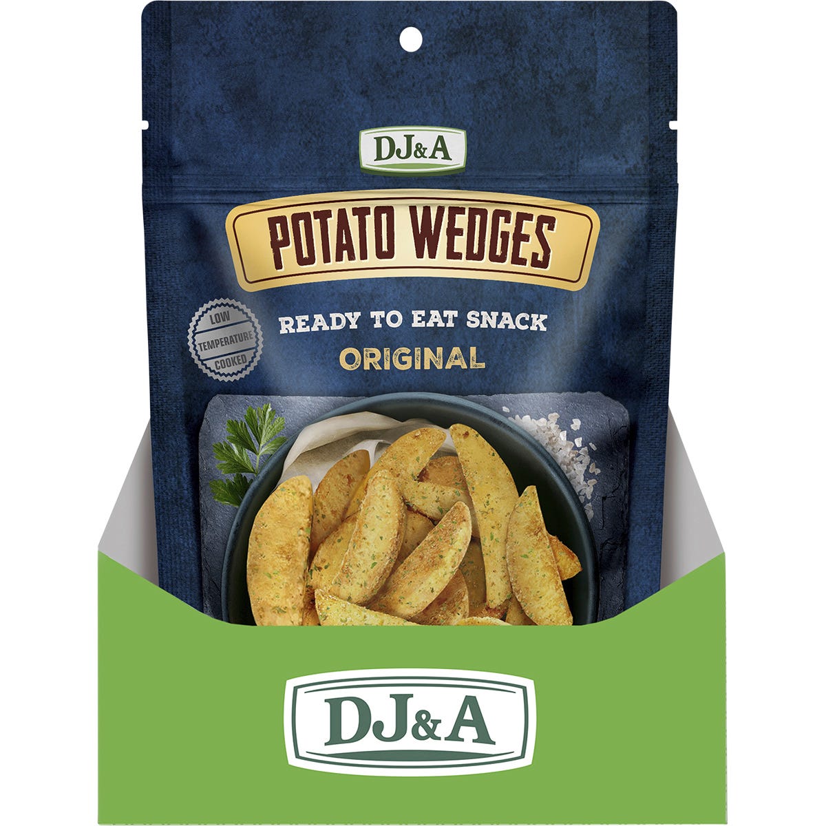 Back of DJ&A Potato Wedges Original 100g bag showing nutrition facts, ingredients, and product features.