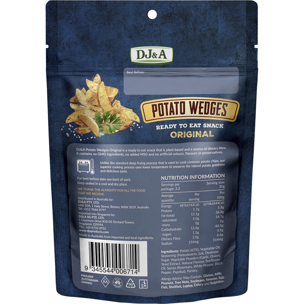 DJ&A Original Potato Wedges 100g bag featuring a picture of seasoned wedges on a white background.