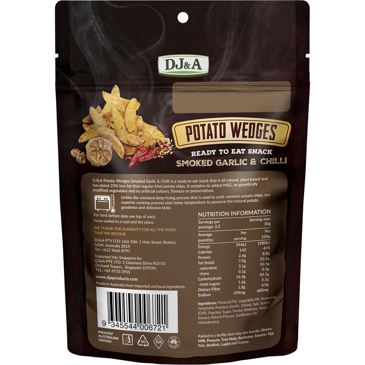 Purple bag of DJ&A Smoked Garlic & Chilli Potato Wedges 100g, an all-natural plant-based snack.