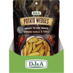 Back of DJ&A Smoked Garlic & Chilli Potato Wedges 100g bag with nutrition facts, ingredients, and plant-based logos.