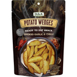 Nine 100g bags of DJ&A Smoked Garlic & Chilli Potato Wedges, a plant-based, all-natural snack in purple packaging.