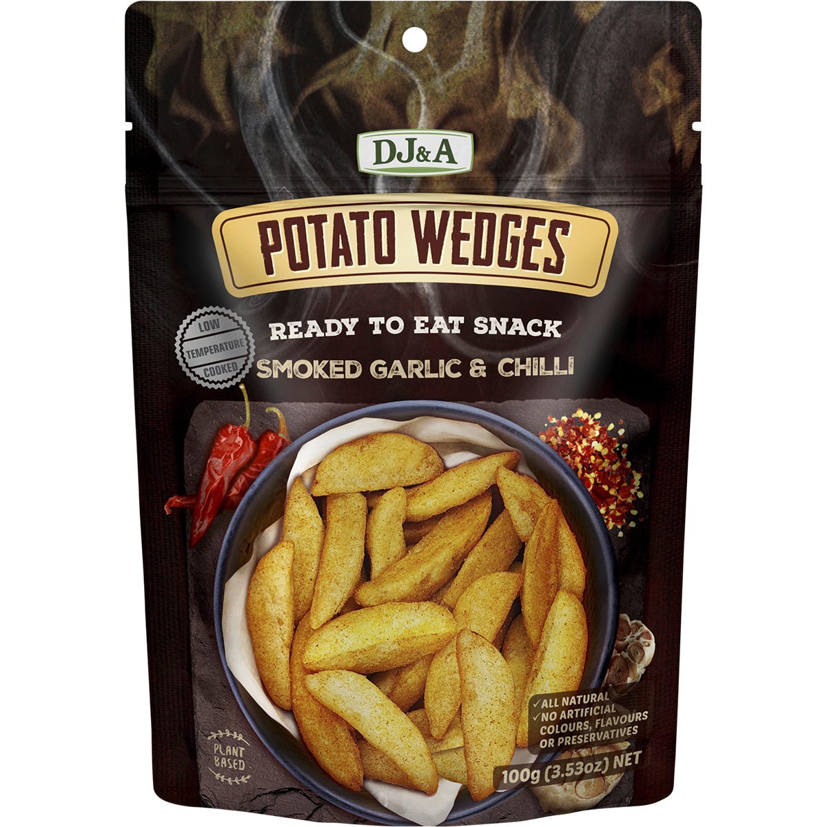 Nine 100g bags of DJ&A Smoked Garlic & Chilli Potato Wedges, a plant-based, all-natural snack in purple packaging.
