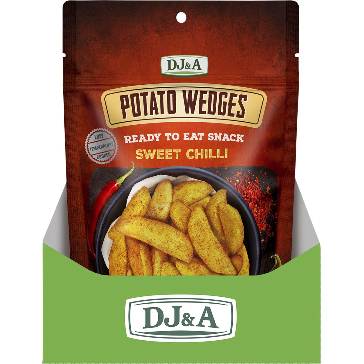 Back of DJ&A Sweet Chilli Potato Wedges 100g bag with nutrition facts, ingredients, and product benefits.