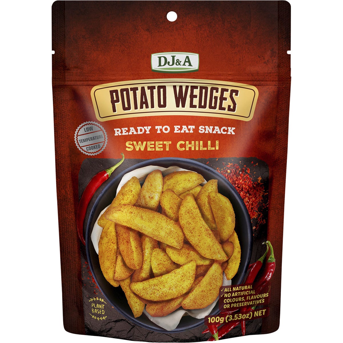 Nine 100g bags of DJ&A Sweet Chilli Potato Wedges, a plant-based, all-natural snack.