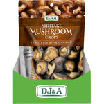 Top-down view of whole dried shiitake mushrooms for DJ&A Shiitake Mushroom Crisps on a white background.