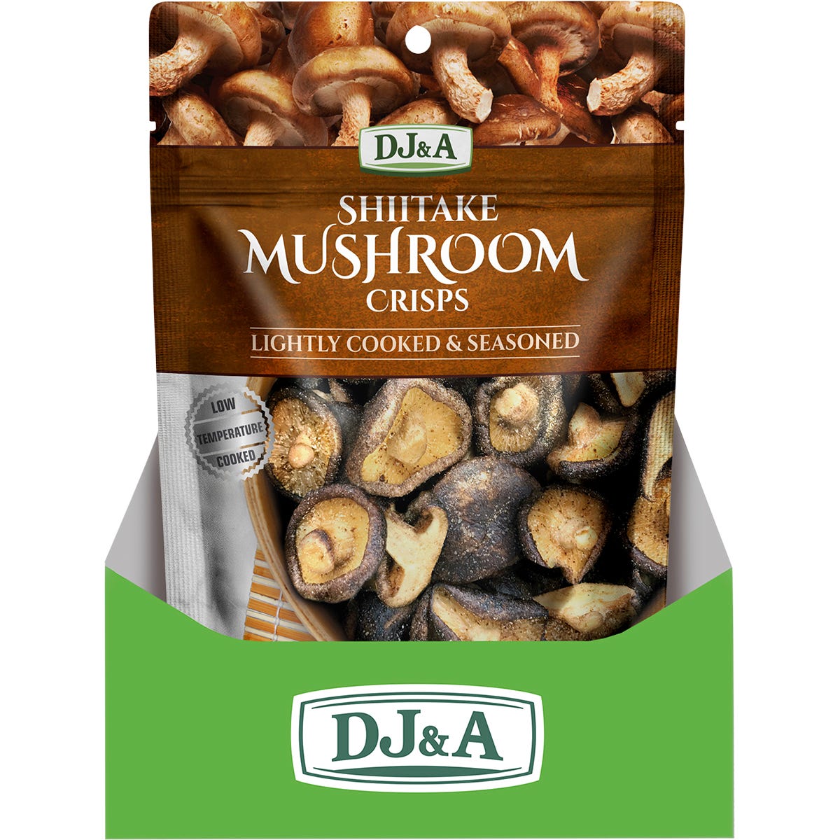 Top-down view of whole dried shiitake mushrooms for DJ&A Shiitake Mushroom Crisps on a white background.