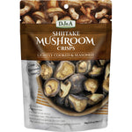 DJ&A Shiitake Mushroom Crisps 30g bag and a 12-pack box on a white background with product logos.