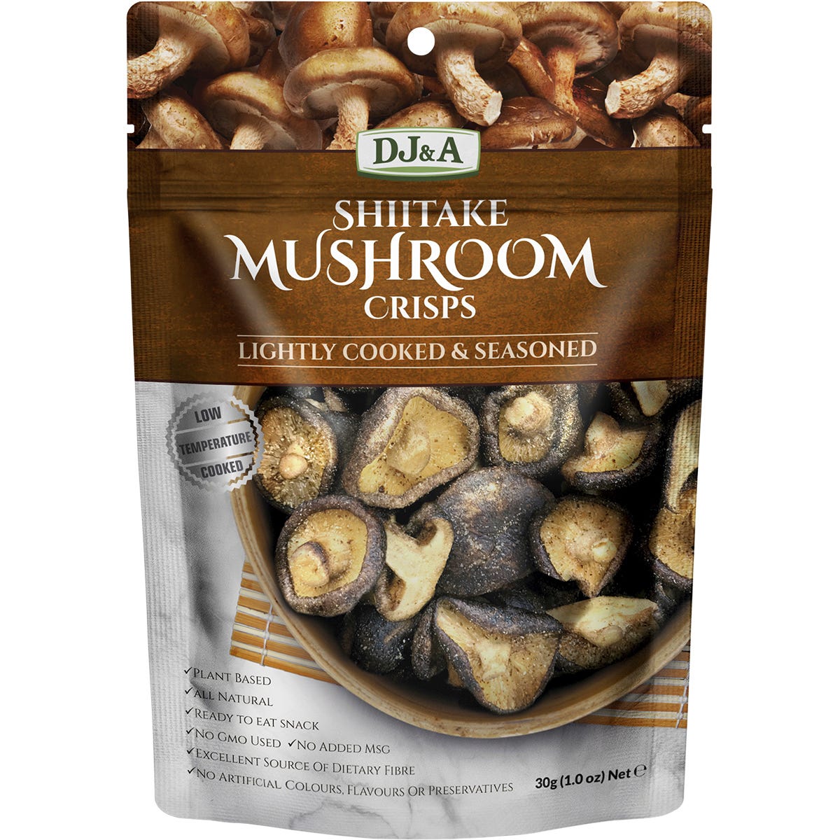 DJ&A Shiitake Mushroom Crisps 30g bag and a 12-pack box on a white background with product logos.