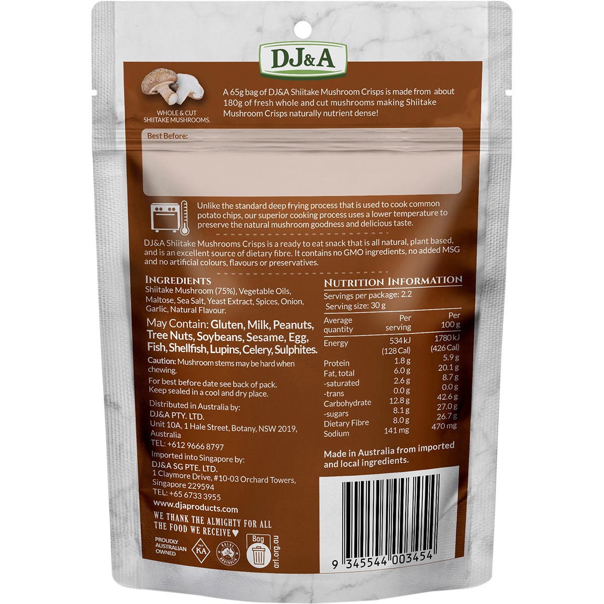 Single bag of DJ&A Shiitake Mushroom Crisps 65g featuring a real mushroom image on a blue and brown label.