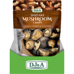 Back of a DJ&A Shiitake Mushroom Crisps 65g bag showing nutrition facts, ingredients, and product origin.