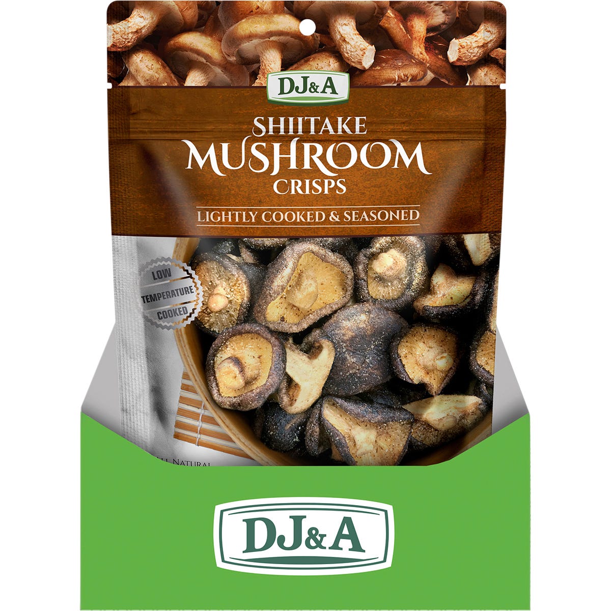 Back of a DJ&A Shiitake Mushroom Crisps 65g bag showing nutrition facts, ingredients, and product origin.