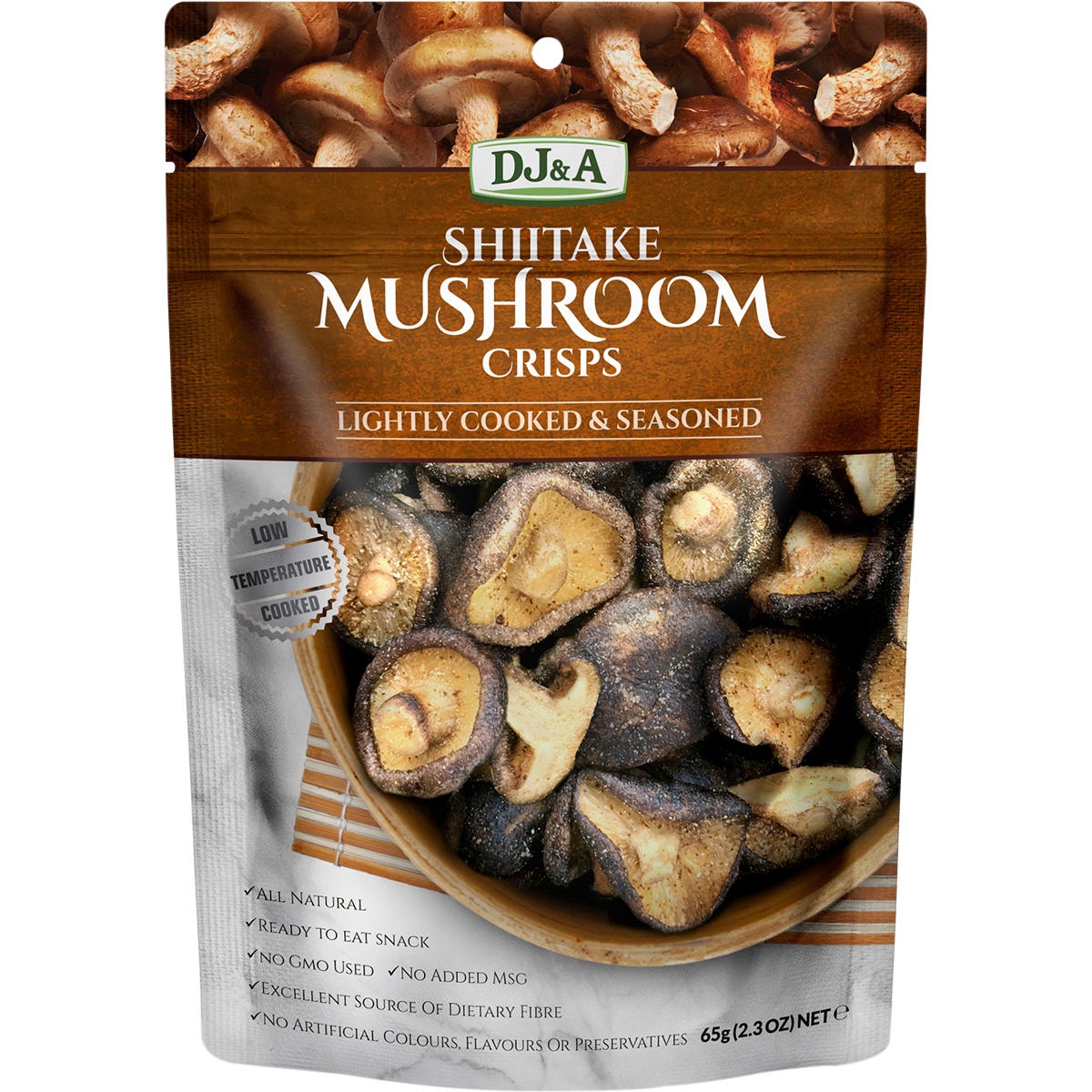 9-pack of DJ&A Shiitake Mushroom Crisps 65g bags featuring a real mushroom image on a blue and brown label.
