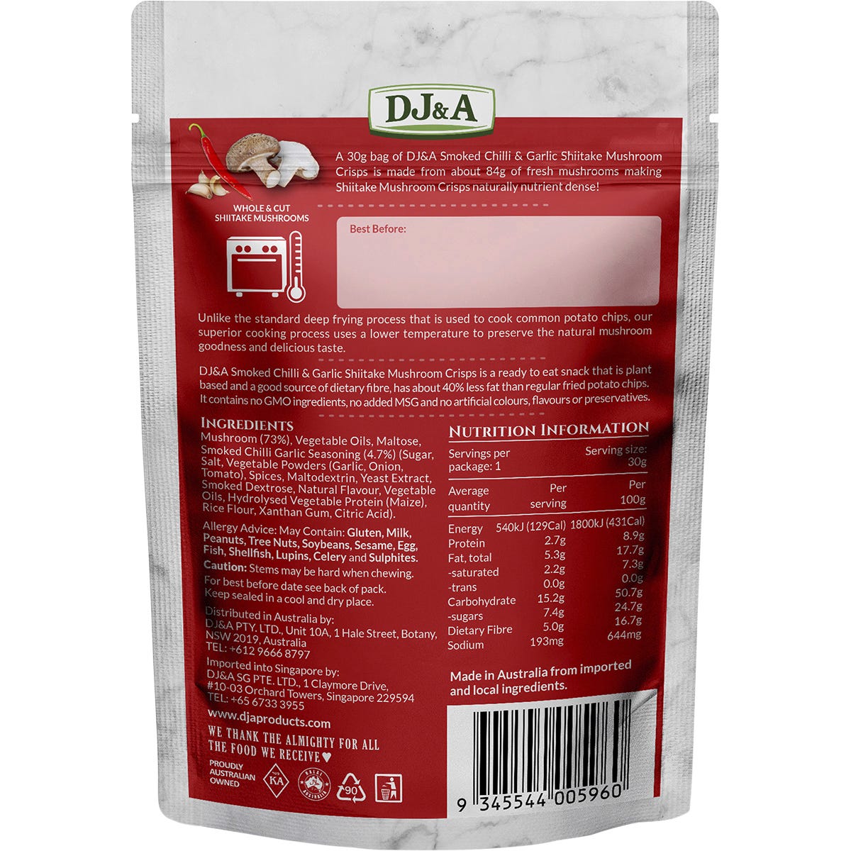 DJ&A Smoked Chilli & Garlic Shiitake Mushroom Crisps 30g bag shown against a white background.