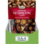 Back of a 30g DJ&A Smoked Chilli & Garlic Shiitake Mushroom Crisps bag with nutrition facts and ingredients.