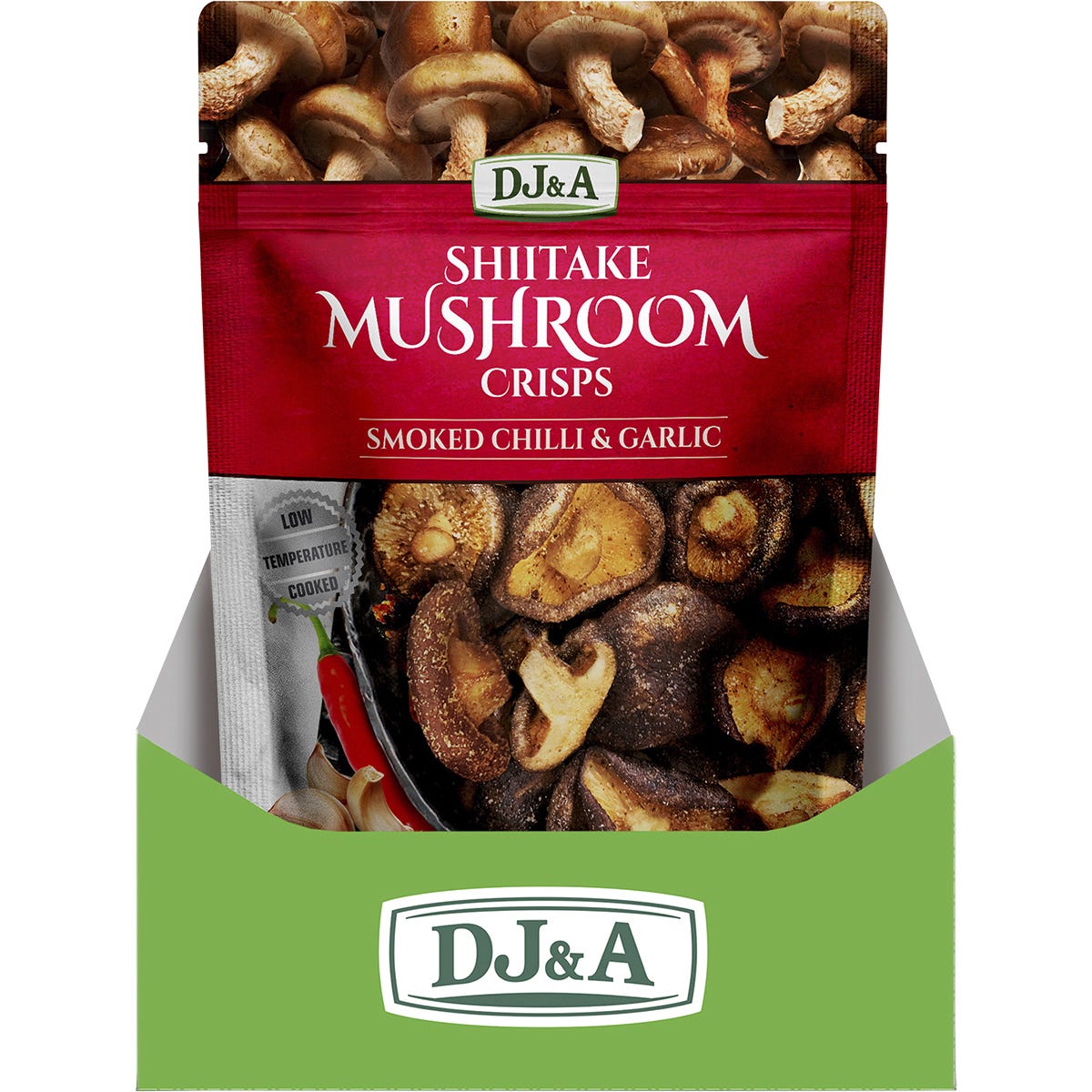 Back of a 30g DJ&A Smoked Chilli & Garlic Shiitake Mushroom Crisps bag with nutrition facts and ingredients.