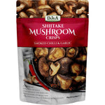 30g bag of DJ&A Shiitake Mushroom Crisps with Smoked Chilli & Garlic seasoning and product logos on a white background.