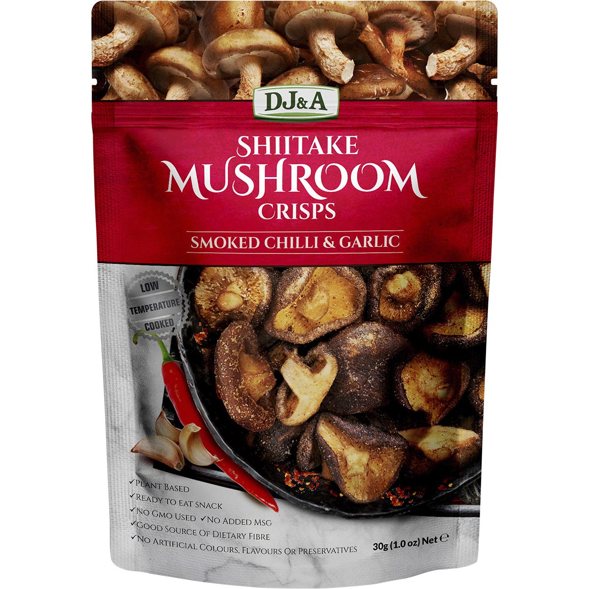 30g bag of DJ&A Shiitake Mushroom Crisps with Smoked Chilli & Garlic seasoning and product logos on a white background.