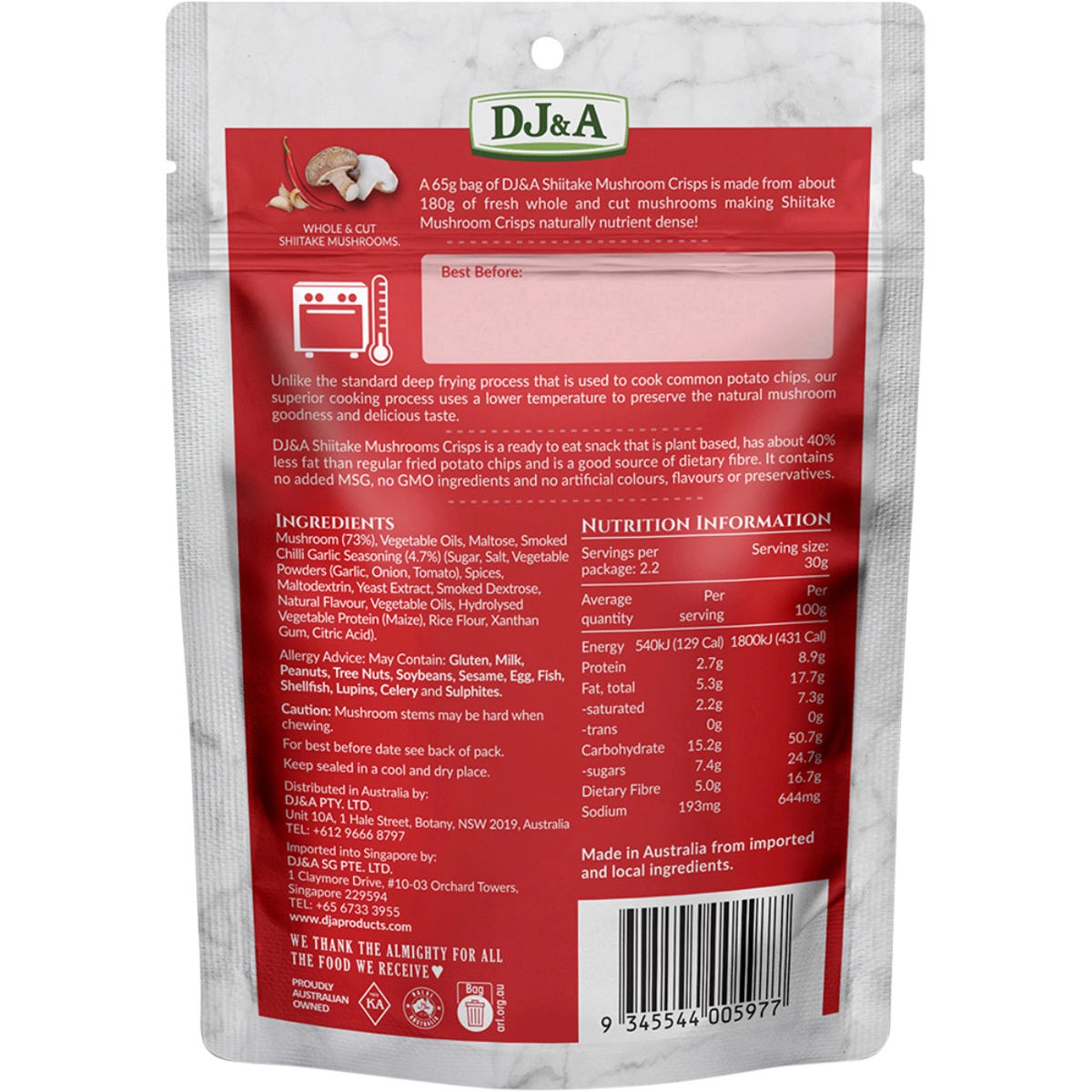 Single 65g bag of DJ&A Smoked Chilli & Garlic Shiitake Mushroom Crisps on a white background.