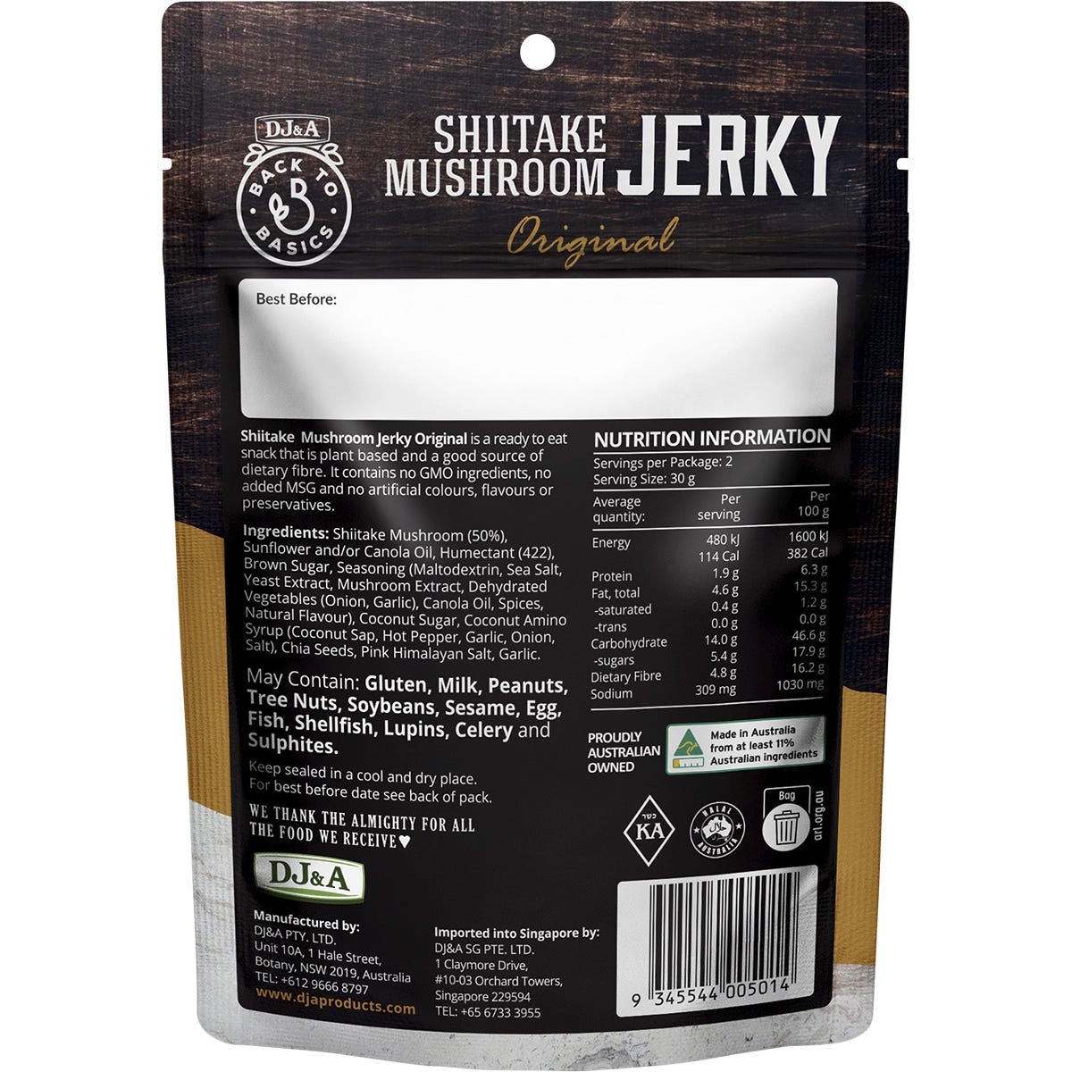 DJ&A Shiitake Mushroom Jerky Original 60g bag shown from the back with ingredients and nutritional information.