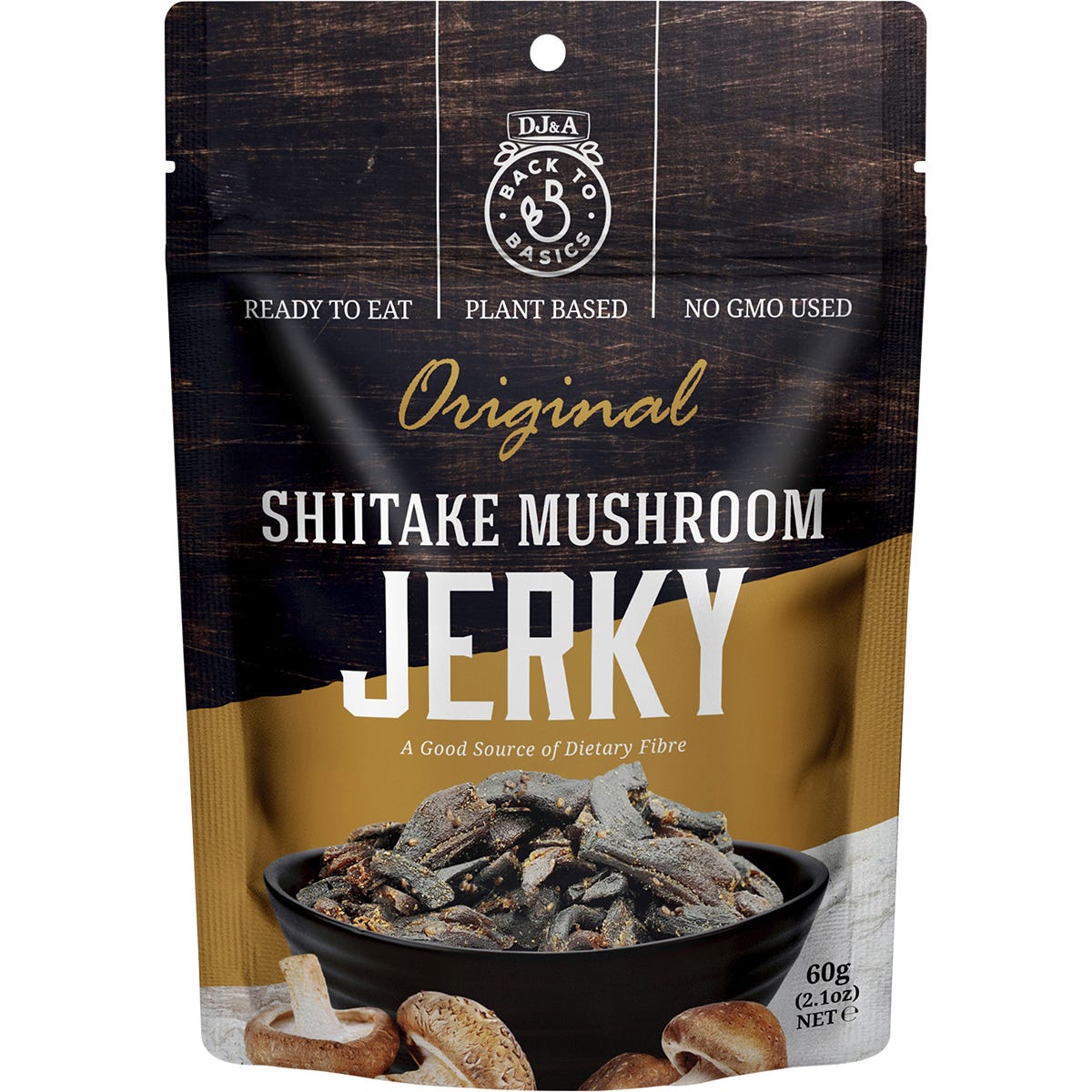 DJ&A Shiitake Mushroom Jerky Original 60g pack of 12 on a plain white background.