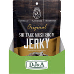 Shiitake Mushroom Jerky Original 60g bag shown from the side highlighting its plant-based and high-fibre features.