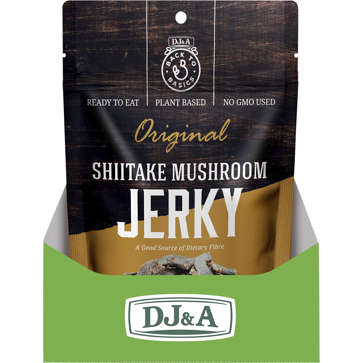Shiitake Mushroom Jerky Original 60g bag shown from the side highlighting its plant-based and high-fibre features.
