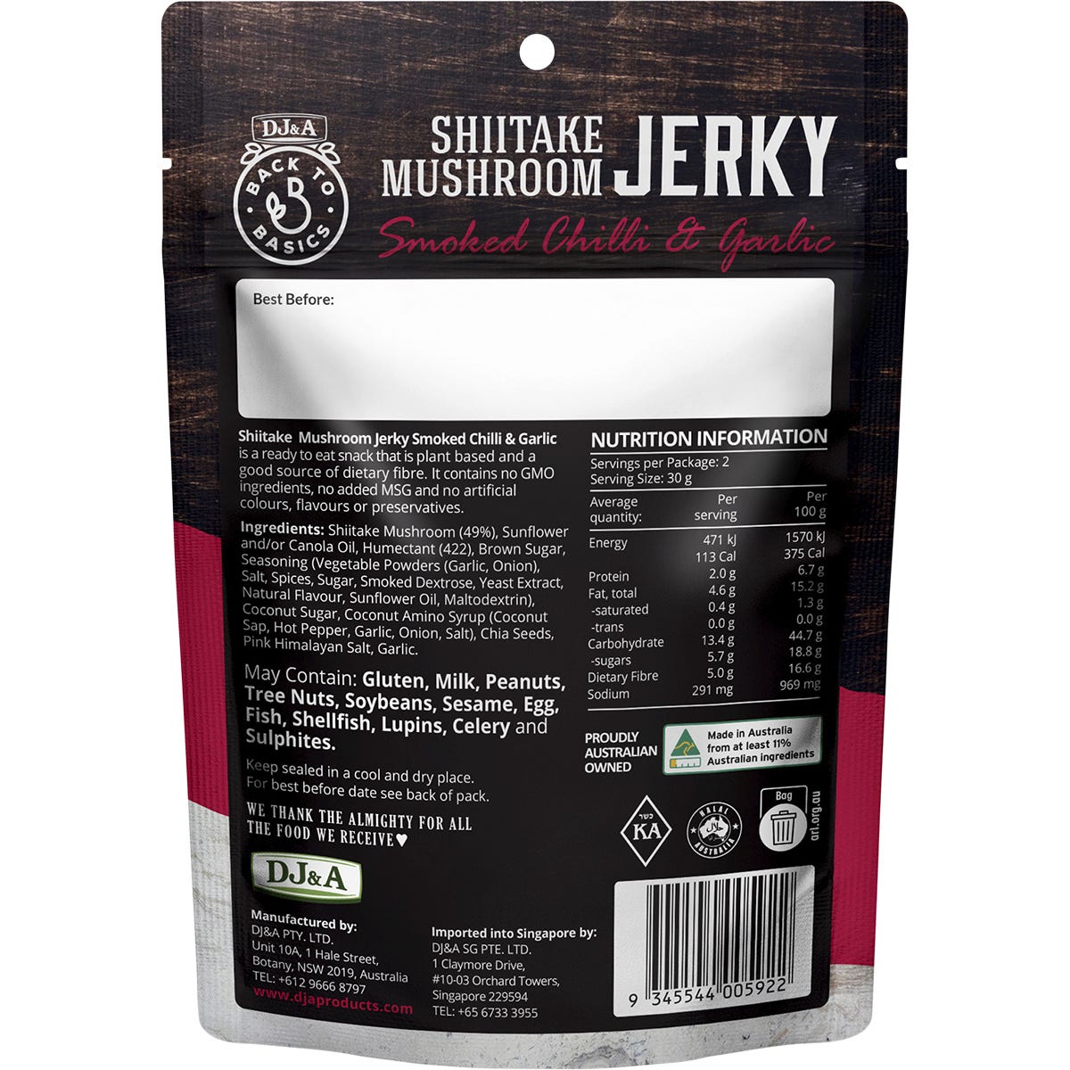 A 60g bag of DJ&A Smoked Chilli & Garlic Shiitake Mushroom Jerky, a plant-based, ready-to-eat snack.
