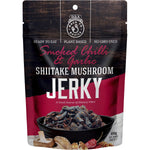 A 60g bag of DJ&A Smoked Chilli & Garlic Shiitake Mushroom Jerky, a plant-based, ready-to-eat snack.