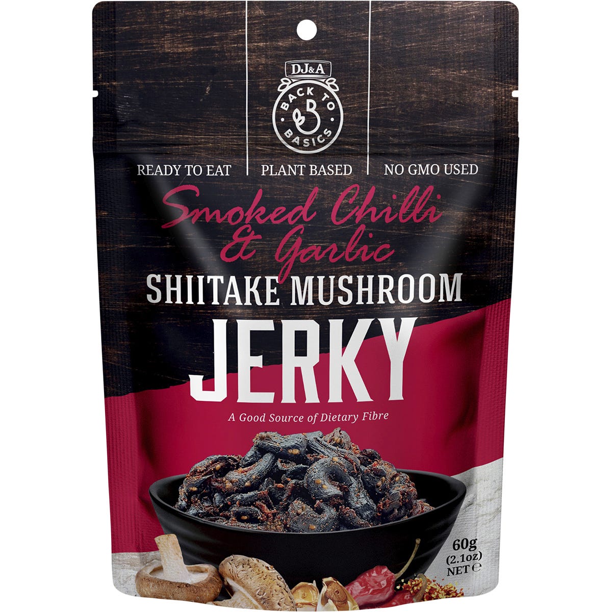 A 60g bag of DJ&A Smoked Chilli & Garlic Shiitake Mushroom Jerky, a plant-based, ready-to-eat snack.