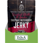Back of a DJ&A Smoked Chilli & Garlic Shiitake Mushroom Jerky 60g bag showing nutritional facts and ingredients.