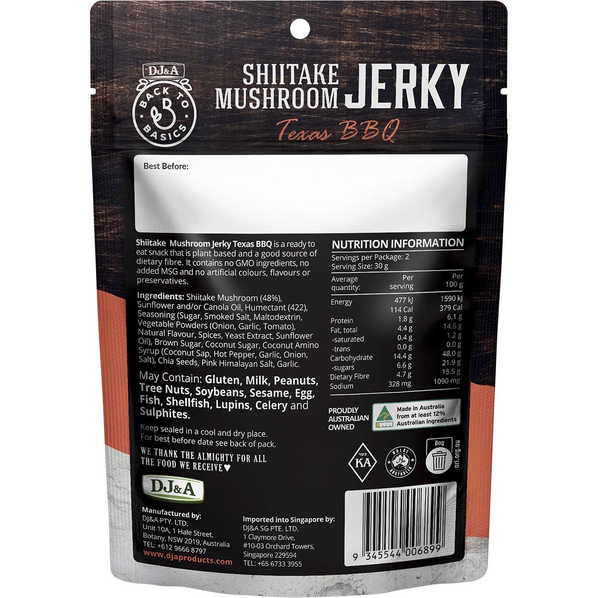 A 60g bag of DJ&A Shiitake Mushroom Jerky Texas BBQ on a white background.